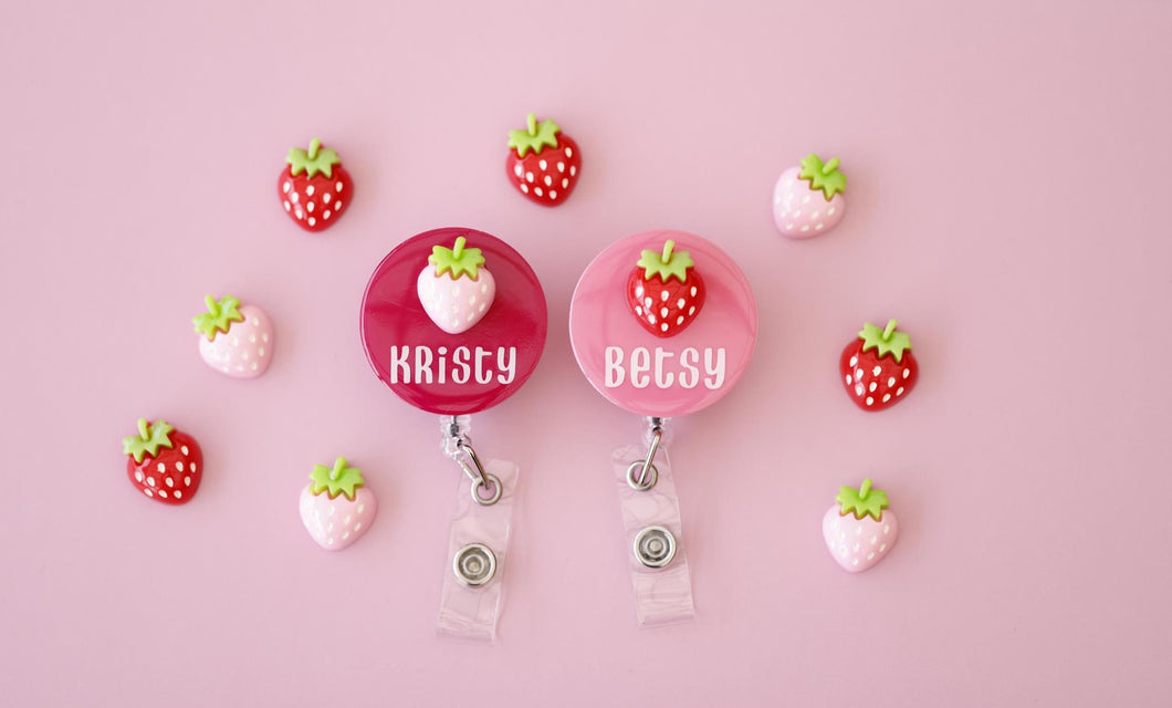 Personalised Nurse Badge Reel - Personalized Retractable ID Holder with Strawberry Charm