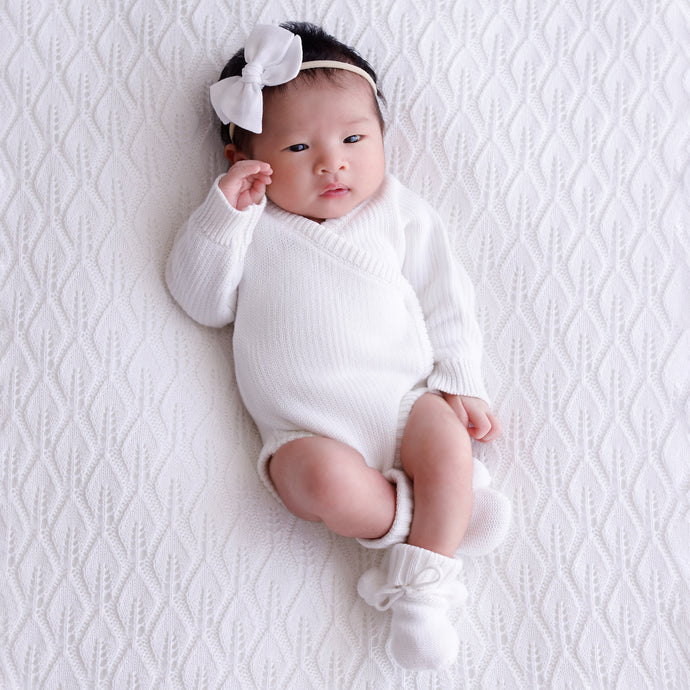 Ollie and Echo | White Knitted Crossover Romper Heirloom