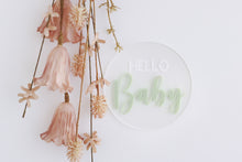 Load image into Gallery viewer, Ollie and Echo |  Hello Baby Announcement Plaque Sage
